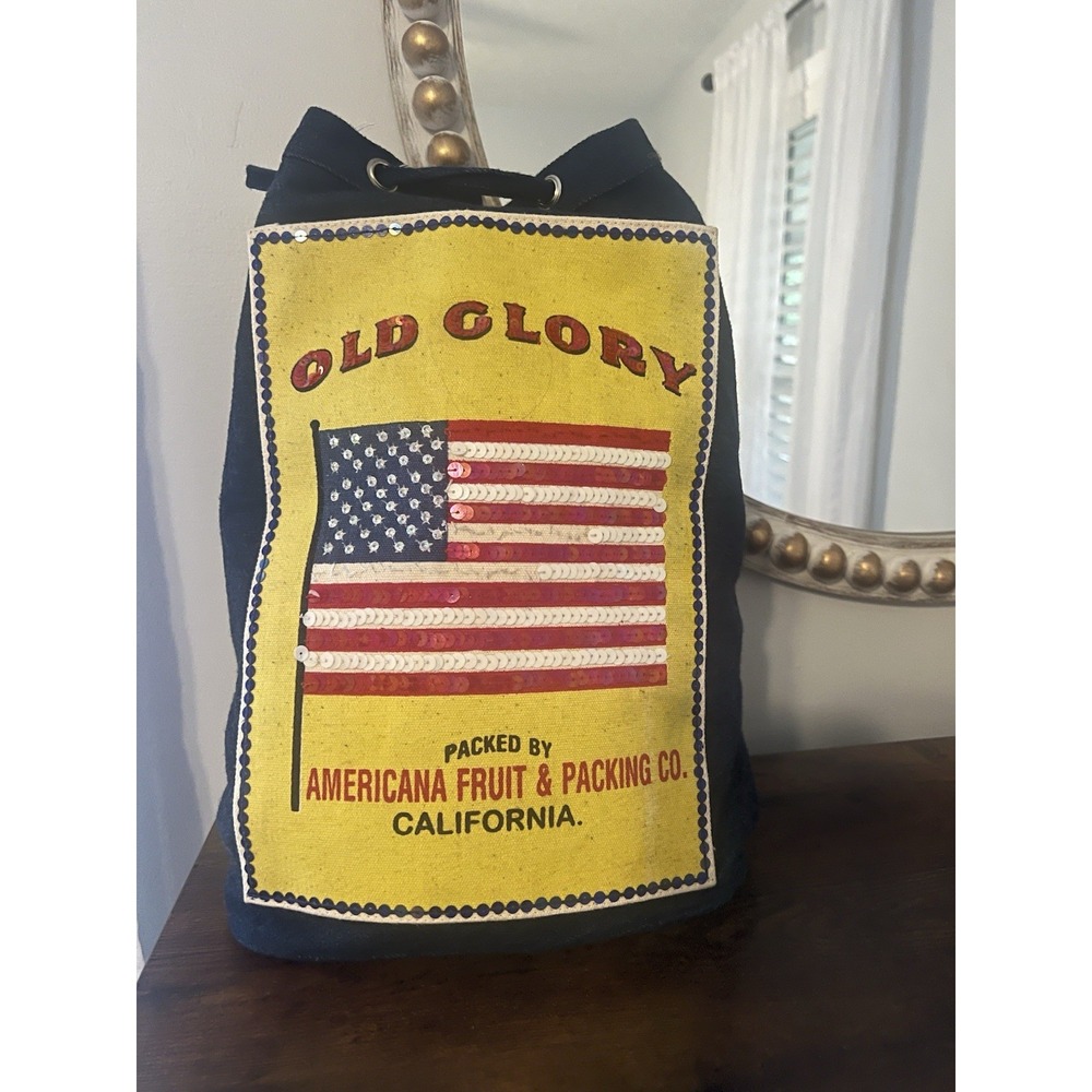 Americana Fruit Packing Co Sequin Flag Canvas Drawstring Backpack